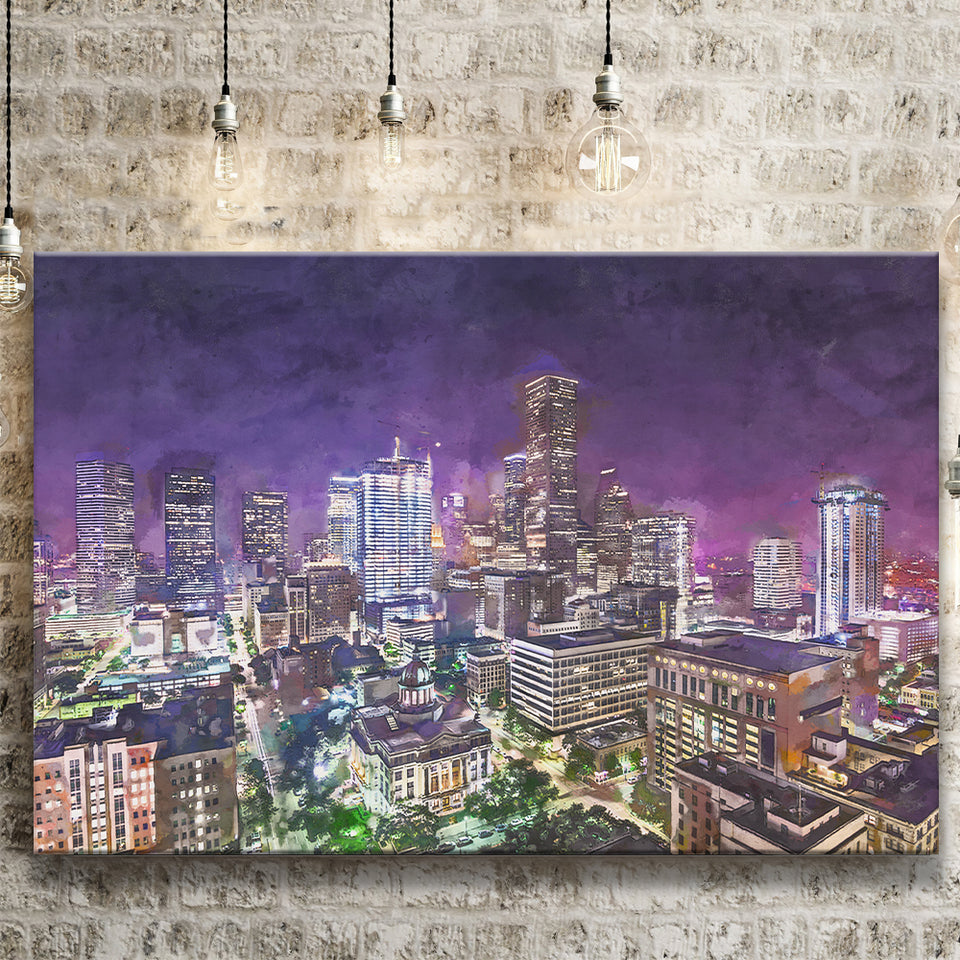 Houston Texas Usa Downtown City Skyline 2 City Art Watercolor Canvas Prints Wall Art Home Decor, Large Canvas