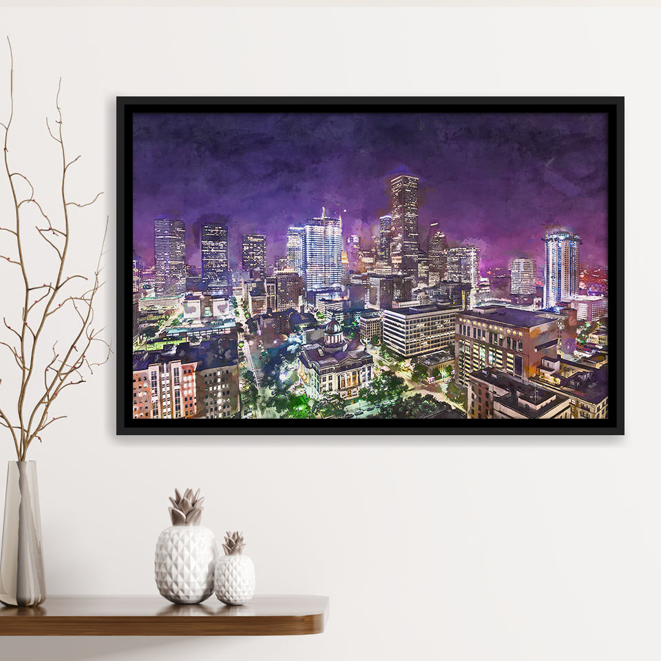 Houston Texas Usa Downtown City Skyline 2 City Art Watercolor Framed Canvas Prints Wall Art Home Decor,Floating Frame