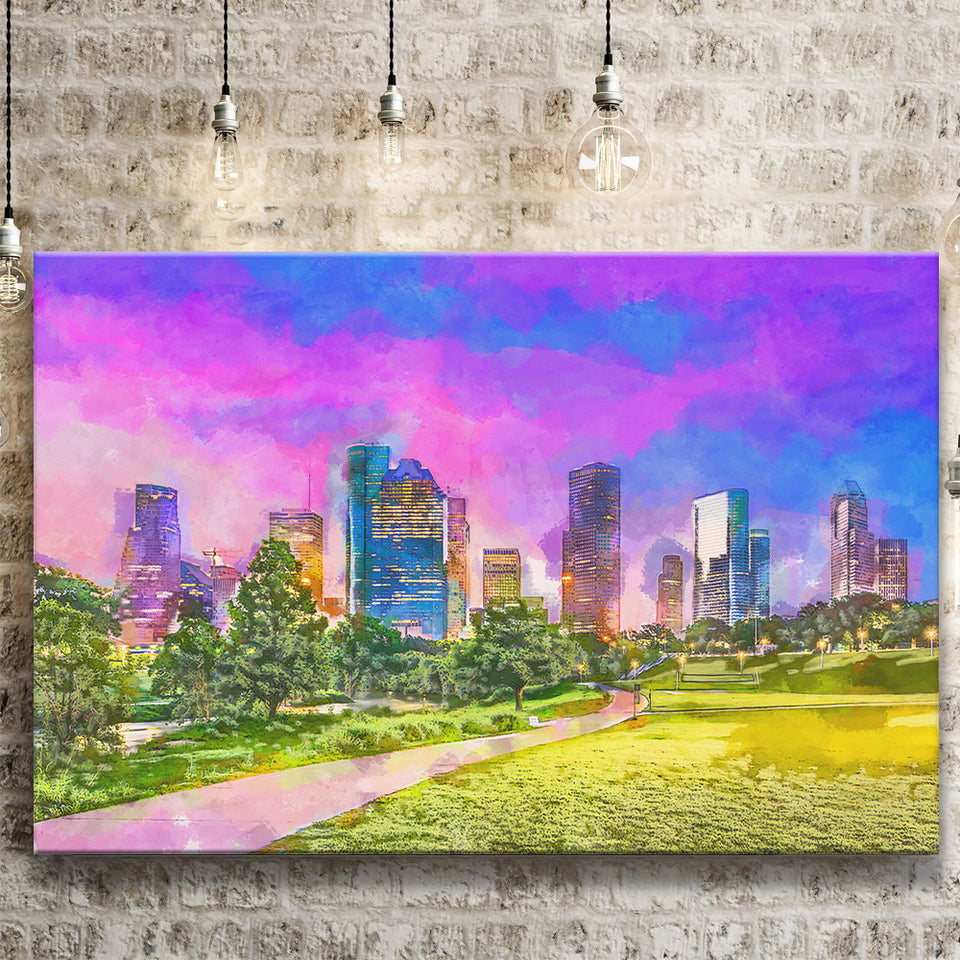 Houston Texas Usa Downtown City Skyline V3 City Art Watercolor Canvas Prints Wall Art Home Decor, Large Canvas