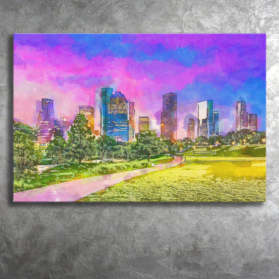 Houston Texas Usa Downtown City Skyline V3 City Art Watercolor Canvas Prints Wall Art Home Decor, Large Canvas