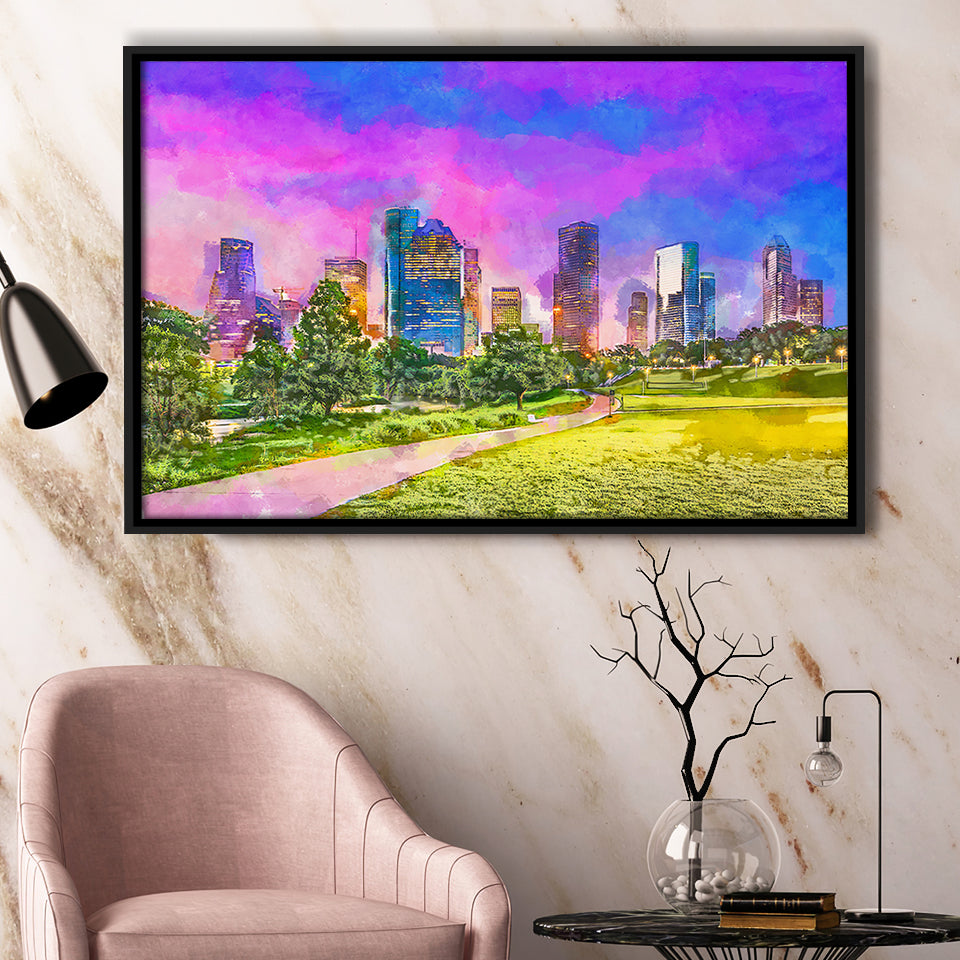 Houston Texas Usa Downtown City Skyline V3 City Art Watercolor Framed Canvas Prints Wall Art Home Decor,Floating Frame