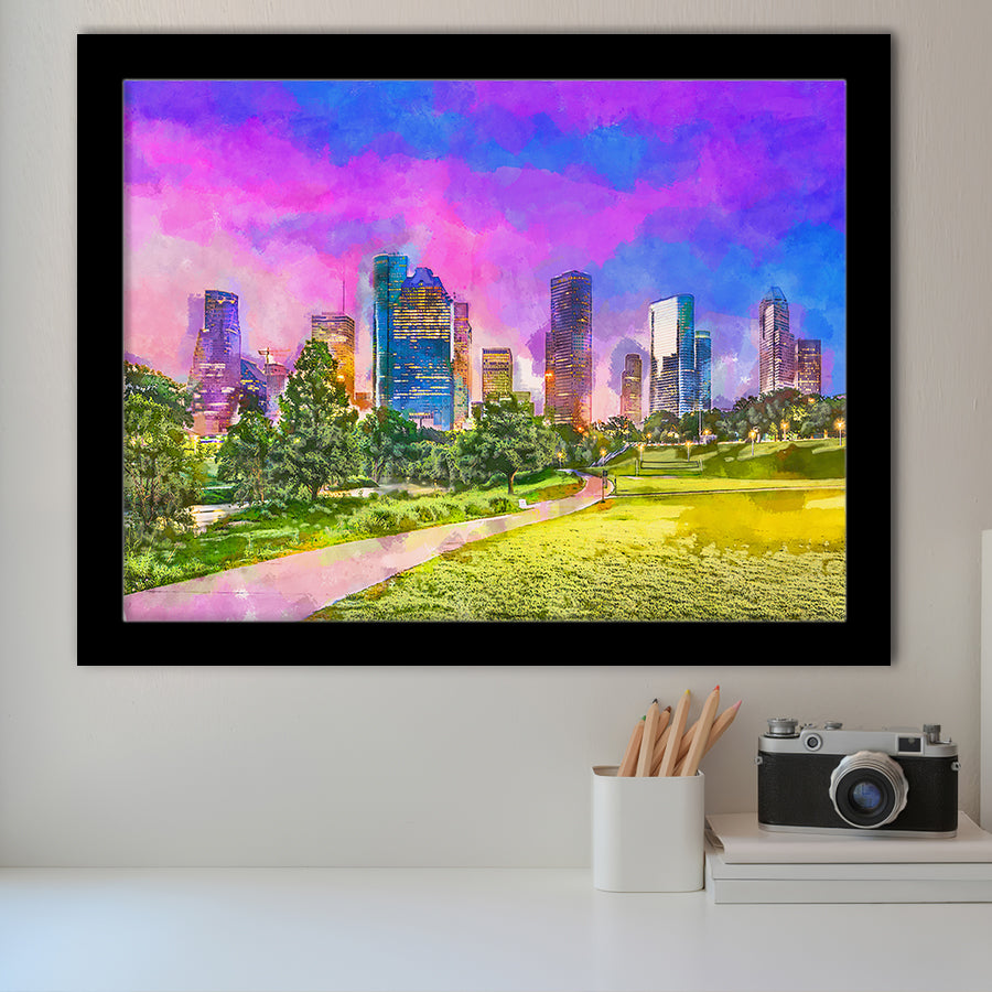 Houston Texas Usa Downtown City Skyline V3 City Art Watercolor Framed Art Prints Wall Art Decor,Framed Picture