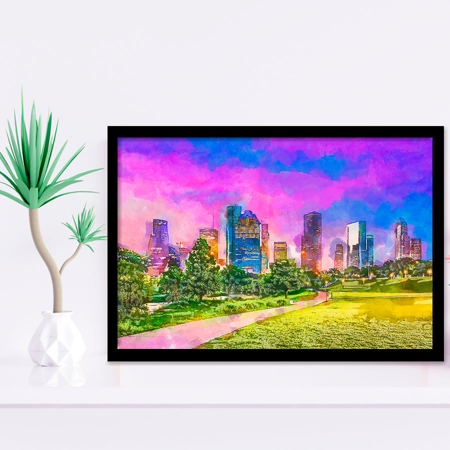 Houston Texas Usa Downtown City Skyline V3 City Art Watercolor Framed Art Prints Wall Art Decor,Framed Picture
