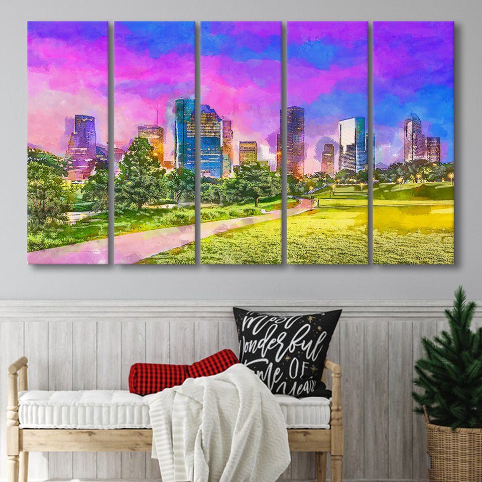 Houston Texas Usa Downtown City Skyline V3 5 Pieces Extra Large Canvas Prints Wall Art Home Decor