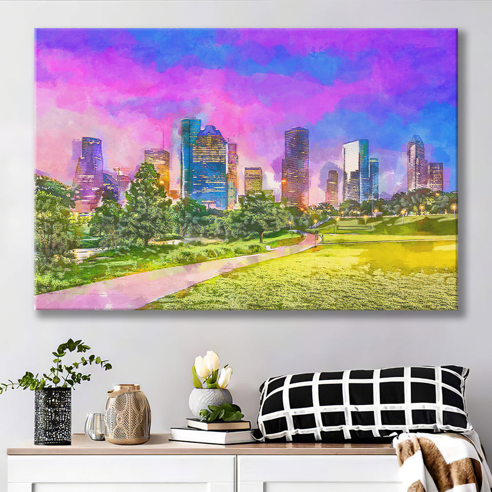 Houston Texas Usa Downtown City Skyline V3 City Art Watercolor Canvas Prints Wall Art Home Decor, Large Canvas