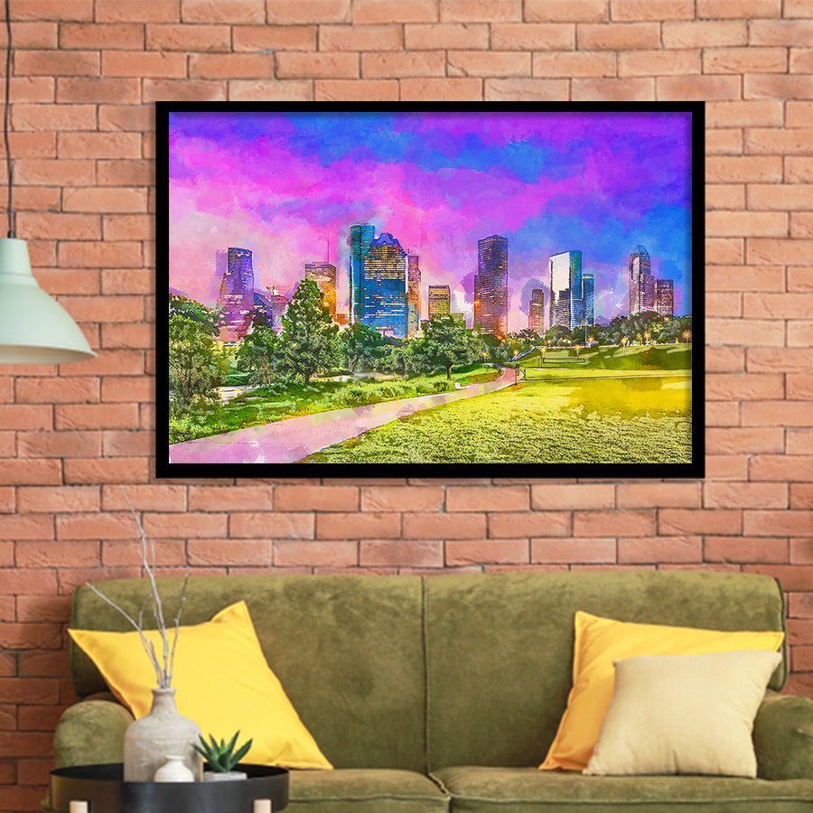 Houston Texas Usa Downtown City Skyline V3 City Art Watercolor Framed Art Prints Wall Art Decor,Framed Picture