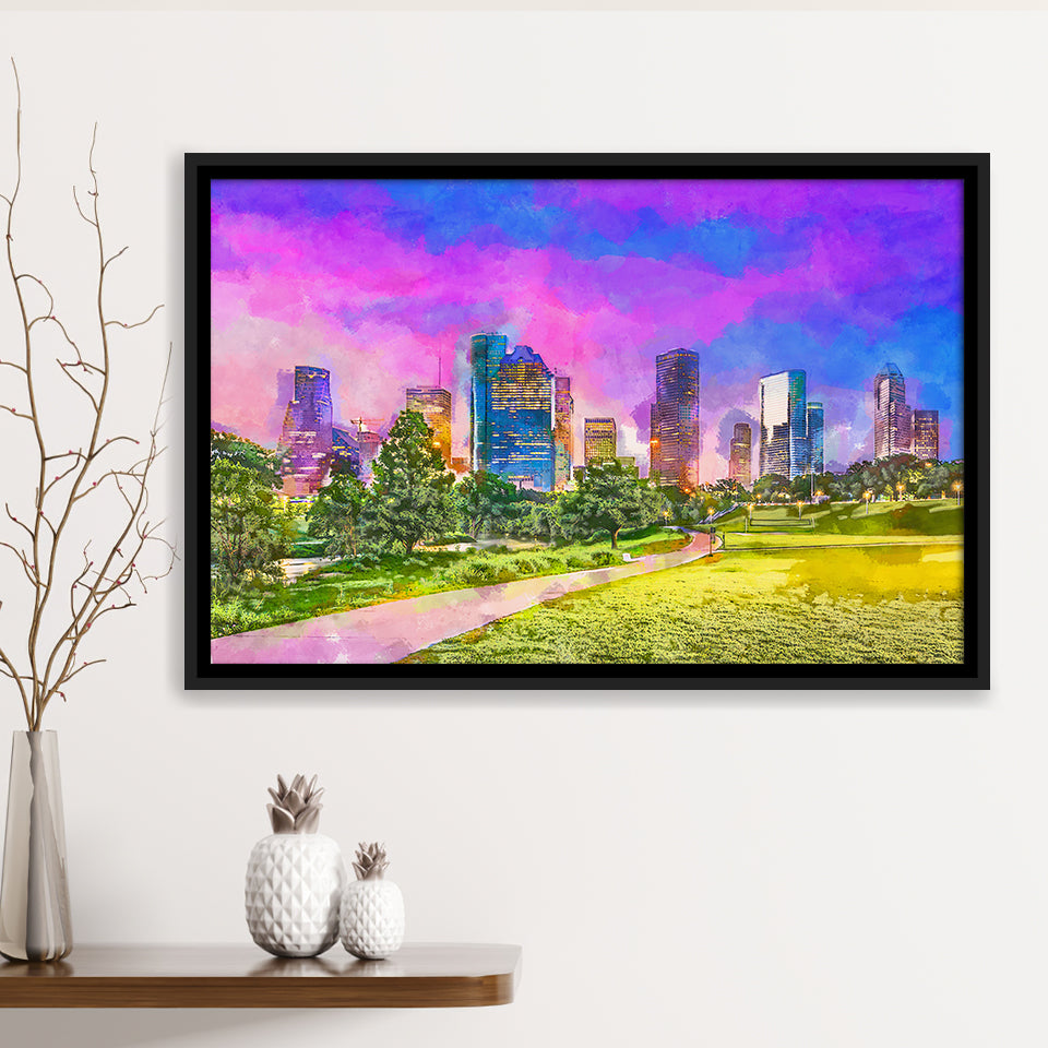 Houston Texas Usa Downtown City Skyline V3 City Art Watercolor Framed Canvas Prints Wall Art Home Decor,Floating Frame