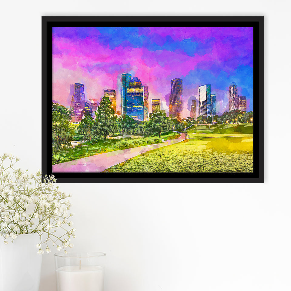 Houston Texas Usa Downtown City Skyline V3 City Art Watercolor Framed Canvas Prints Wall Art Home Decor,Floating Frame