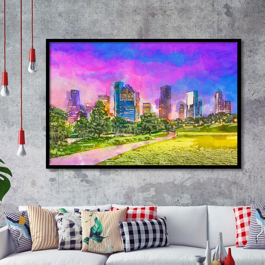 Houston Texas Usa Downtown City Skyline V3 City Art Watercolor Framed Art Prints Wall Art Decor,Framed Picture