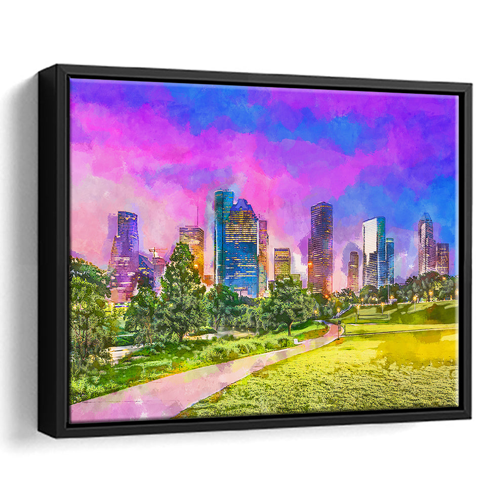 Houston Texas Usa Downtown City Skyline V3 City Art Watercolor Framed Canvas Prints Wall Art Home Decor,Floating Frame