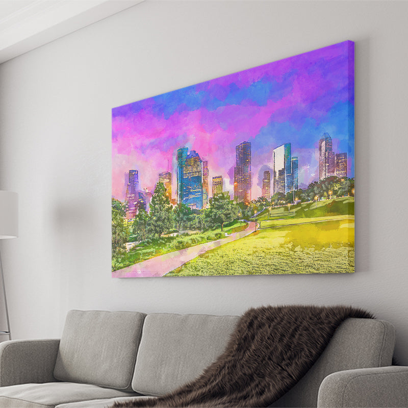 Houston Texas Usa Downtown City Skyline V3 City Art Watercolor Canvas Prints Wall Art Home Decor, Large Canvas