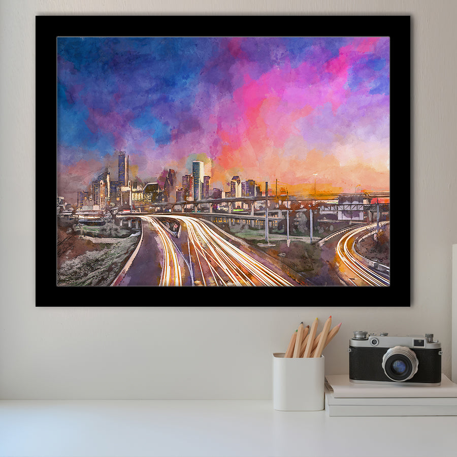 Houston Texas Usa Downtown Skyline Over City Art Watercolor Framed Art Prints Wall Art Decor,Framed Picture