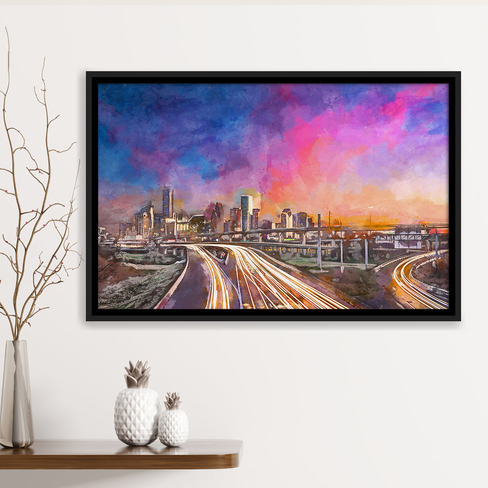 Houston Texas Usa Downtown Skyline Over City Art Watercolor Framed Canvas Prints Wall Art Home Decor,Floating Frame