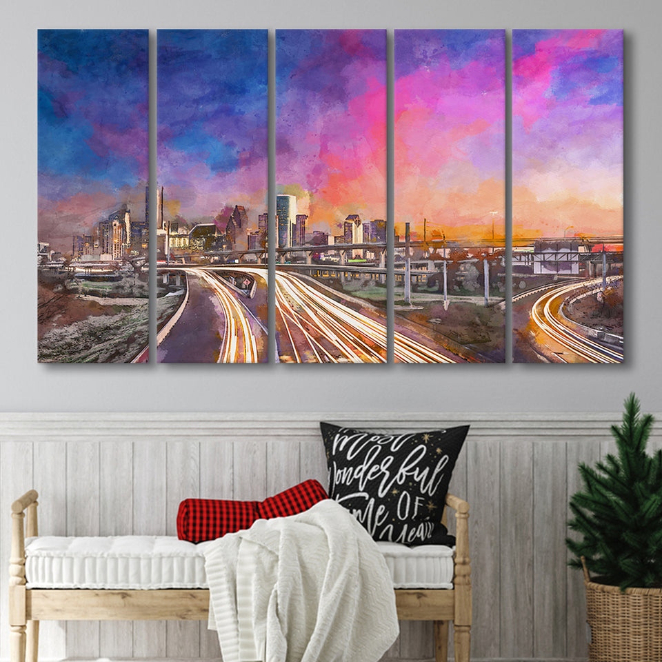 Houston Texas Usa Downtown Skyline Over 5 Pieces Extra Large Canvas Prints Wall Art Home Decor