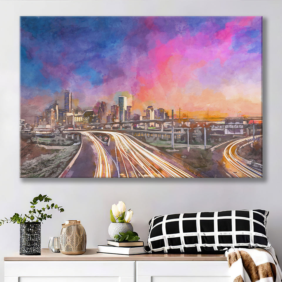 Houston Texas Usa Downtown Skyline Over City Art Watercolor Canvas Prints Wall Art Home Decor, Large Canvas
