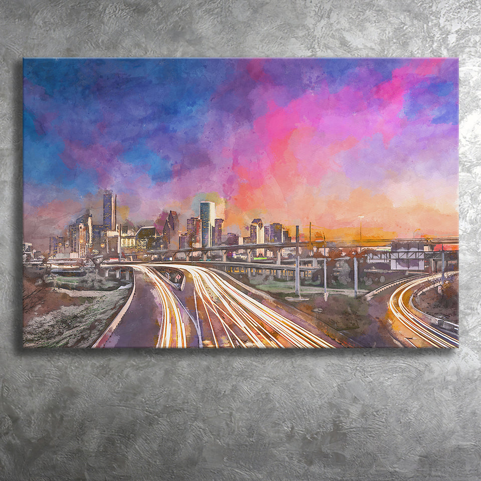 Houston Texas Usa Downtown Skyline Over City Art Watercolor Canvas Prints Wall Art Home Decor, Large Canvas