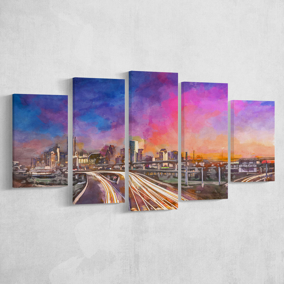 Houston Texas Usa Downtown Skyline Over 5 Pieces Mixed Canvas Prints Wall Art Home Decor