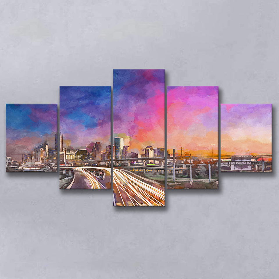 Houston Texas Usa Downtown Skyline Over 5 Pieces Mixed Canvas Prints Wall Art Home Decor