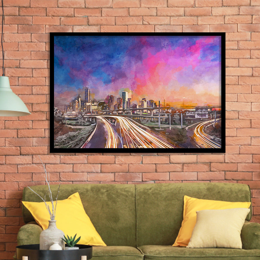 Houston Texas Usa Downtown Skyline Over City Art Watercolor Framed Art Prints Wall Art Decor,Framed Picture
