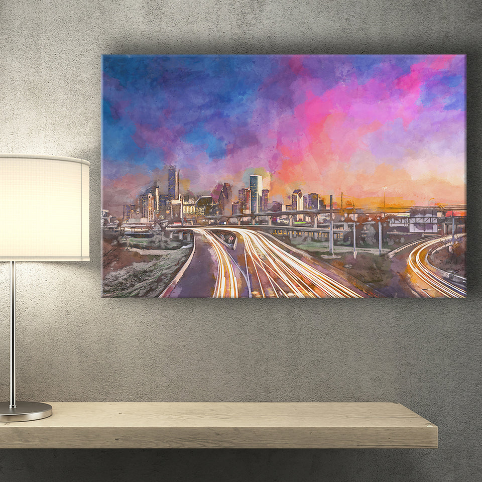 Houston Texas Usa Downtown Skyline Over City Art Watercolor Canvas Prints Wall Art Home Decor, Large Canvas