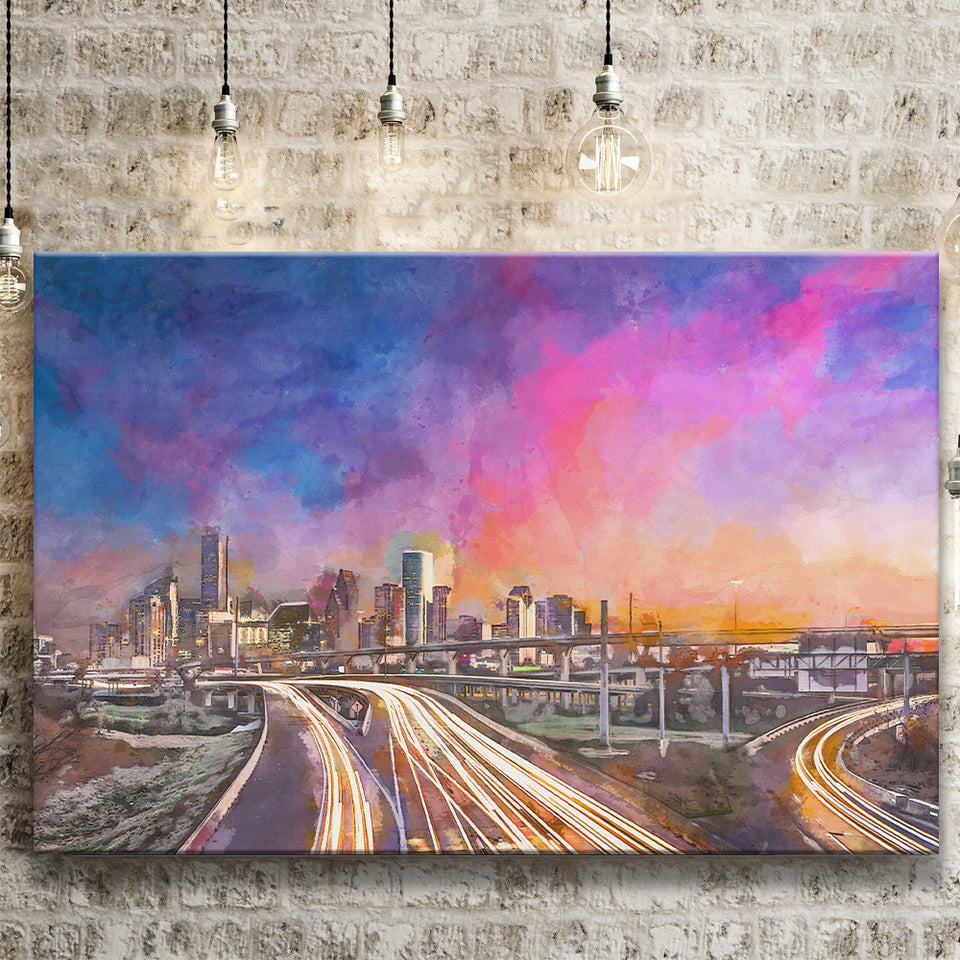 Houston Texas Usa Downtown Skyline Over City Art Watercolor Canvas Prints Wall Art Home Decor, Large Canvas