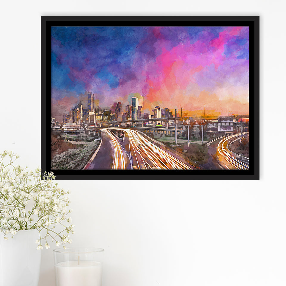 Houston Texas Usa Downtown Skyline Over City Art Watercolor Framed Canvas Prints Wall Art Home Decor,Floating Frame