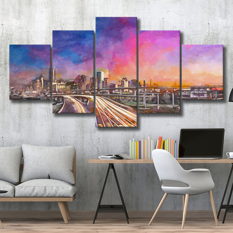 Houston Texas Usa Downtown Skyline Over 5 Pieces Mixed Canvas Prints Wall Art Home Decor