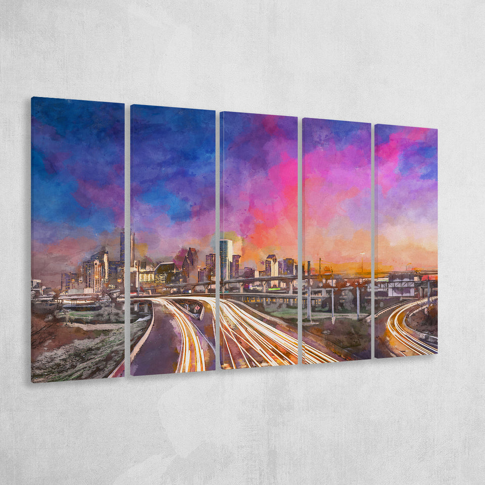 Houston Texas Usa Downtown Skyline Over 5 Pieces Extra Large Canvas Prints Wall Art Home Decor
