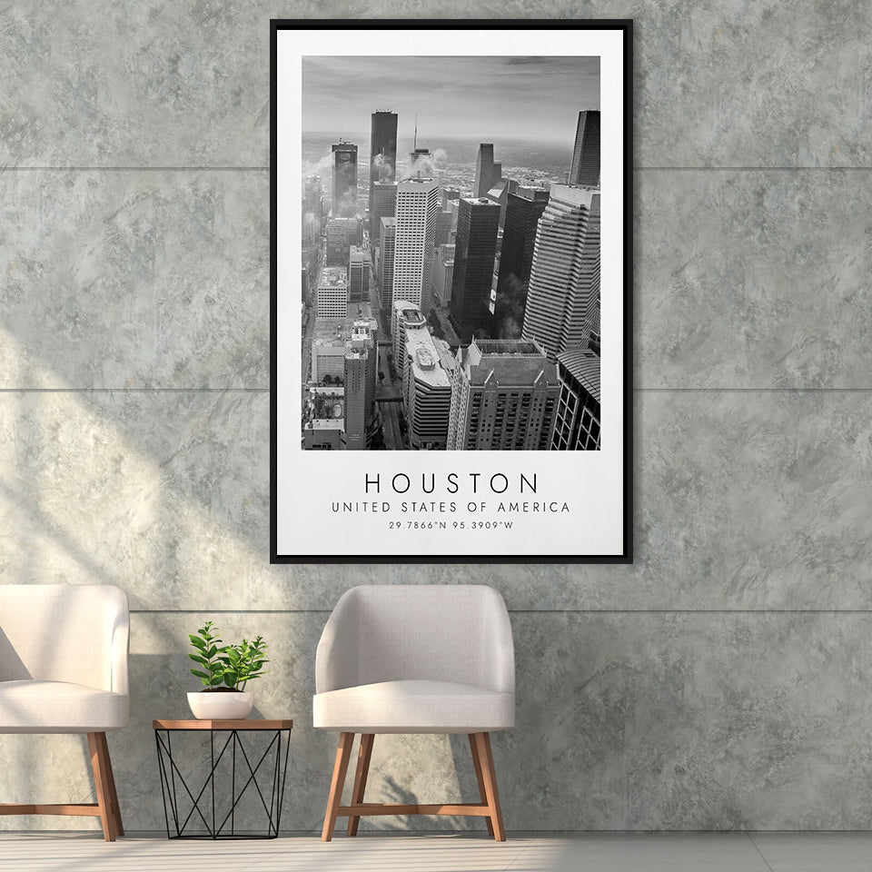 Houston, Usa Black And White Art Framed Canvas Prints Wall Art Home Decor, Floating Frame
