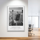 Houston, Usa Black And White Art Framed Canvas Prints Wall Art Home Decor, Floating Frame
