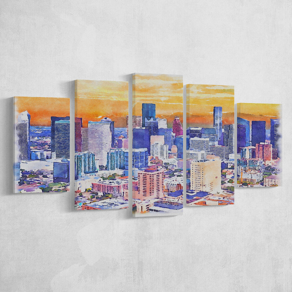 Houston Watercolor Houston Texas, 5 Pieces, Multi Panel Canvas Prints Wall Art Decor