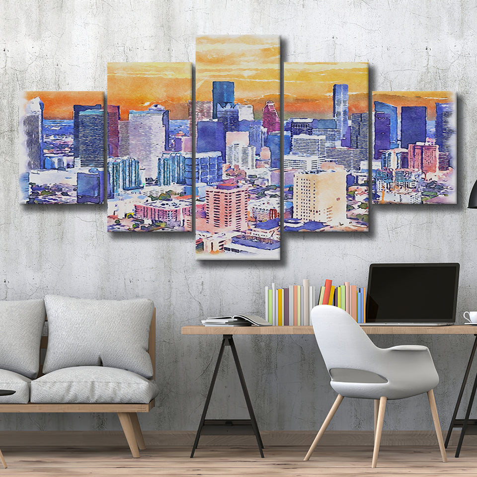Houston Watercolor Houston Texas, 5 Pieces, Multi Panel Canvas Prints Wall Art Decor