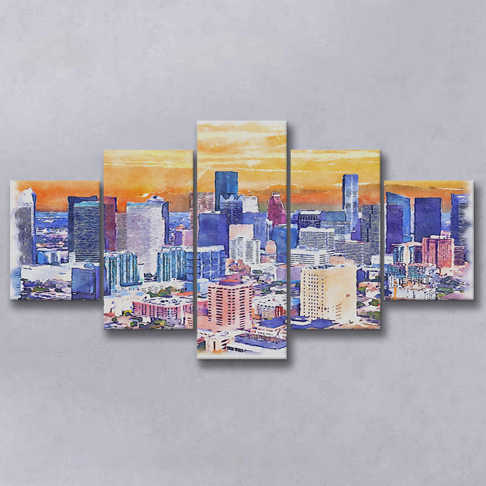 Houston Watercolor Houston Texas, 5 Pieces, Multi Panel Canvas Prints Wall Art Decor