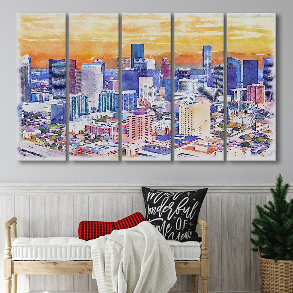 Houston Watercolor Houston Texas, 5 Pieces B, Multi Panel Canvas Prints Wall Art Decor