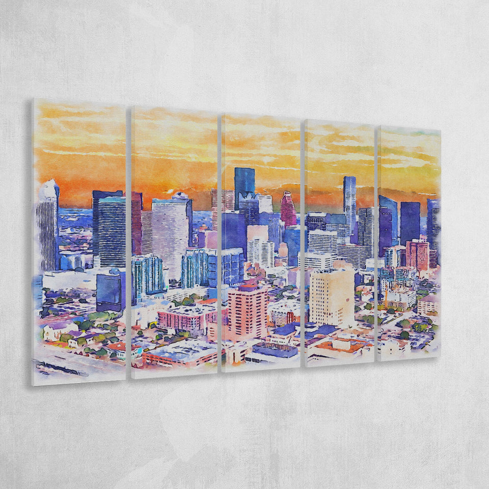 Houston Watercolor Houston Texas, 5 Pieces B, Multi Panel Canvas Prints Wall Art Decor