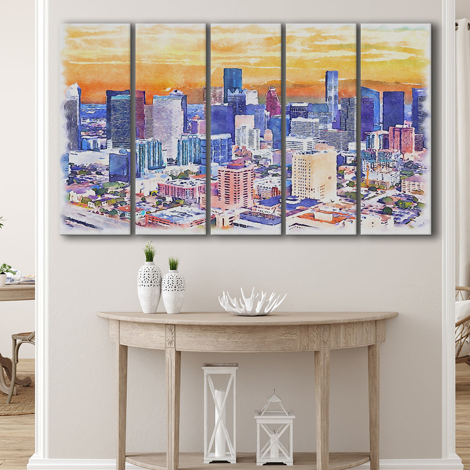 Houston Watercolor Houston Texas, 5 Pieces B, Multi Panel Canvas Prints Wall Art Decor