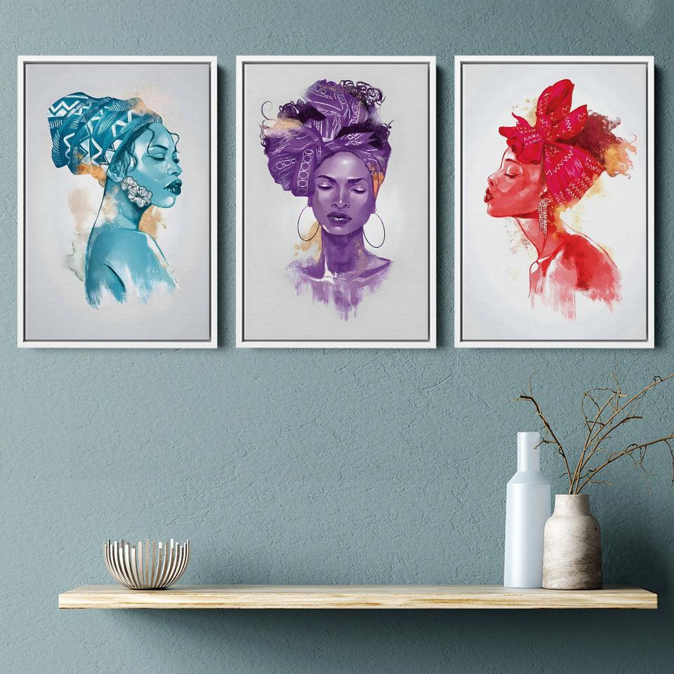 Hue Moods African American Women Set of 3 Piece Framed Canvas Prints Wall Art Decor