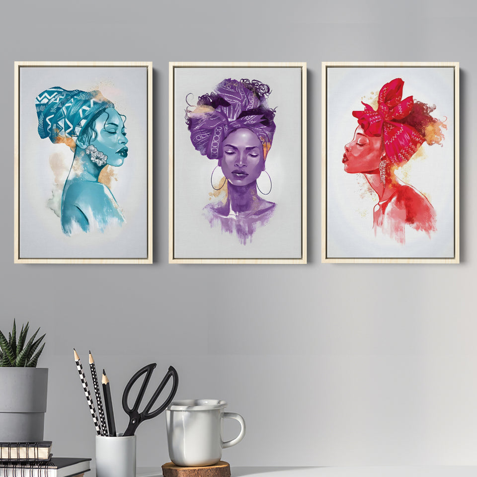 Hue Moods African American Women Set of 3 Piece Framed Canvas Prints Wall Art Decor