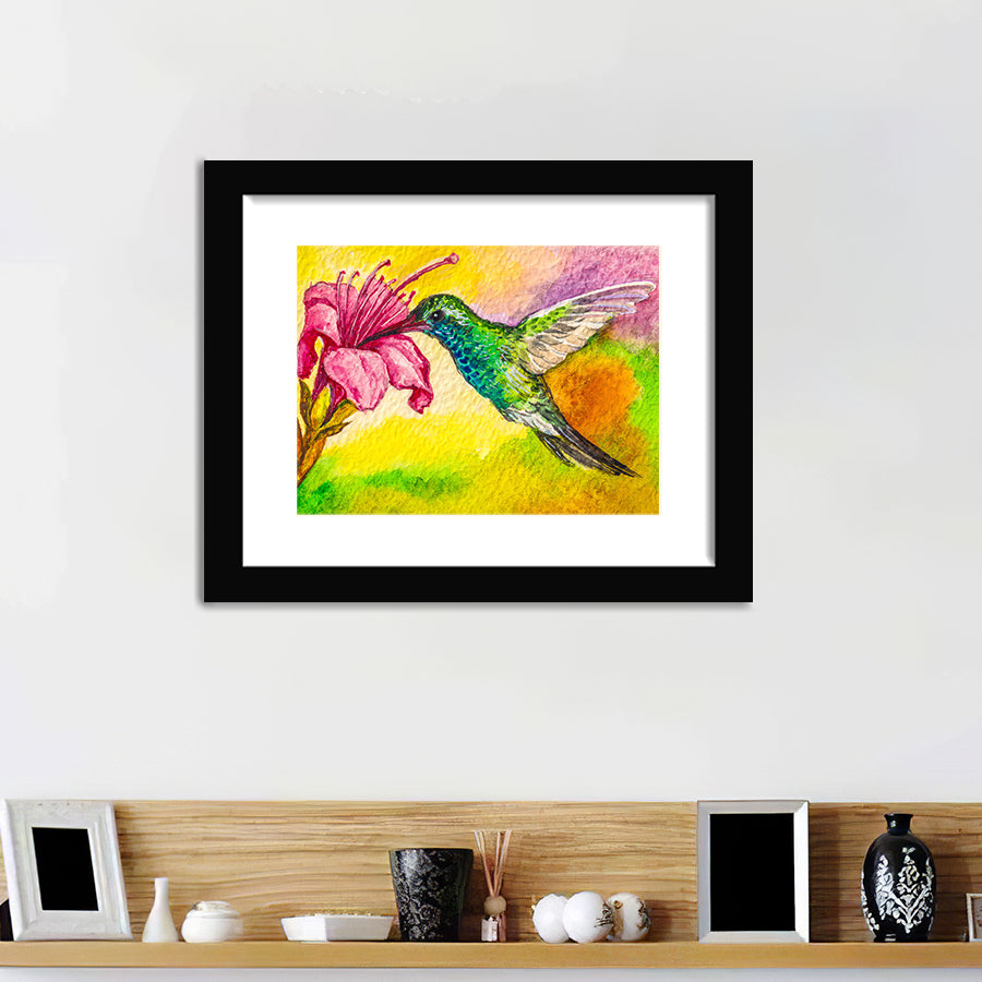 Hummingbird Bird Flying On A Pink Flowers Framed Wall Art - Framed Prints, Art Prints, Home Decor, Painting Prints