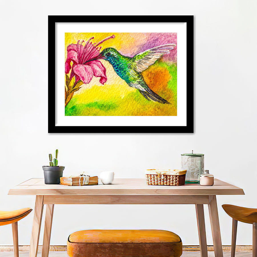 Hummingbird Bird Flying On A Pink Flowers Framed Wall Art - Framed Prints, Art Prints, Home Decor, Painting Prints