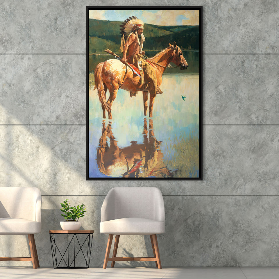 Hummingbirds Return Native American Art Horses Framed Canvas Prints Wall Art - Painting Canvas, Wall Decor, Floating Frame