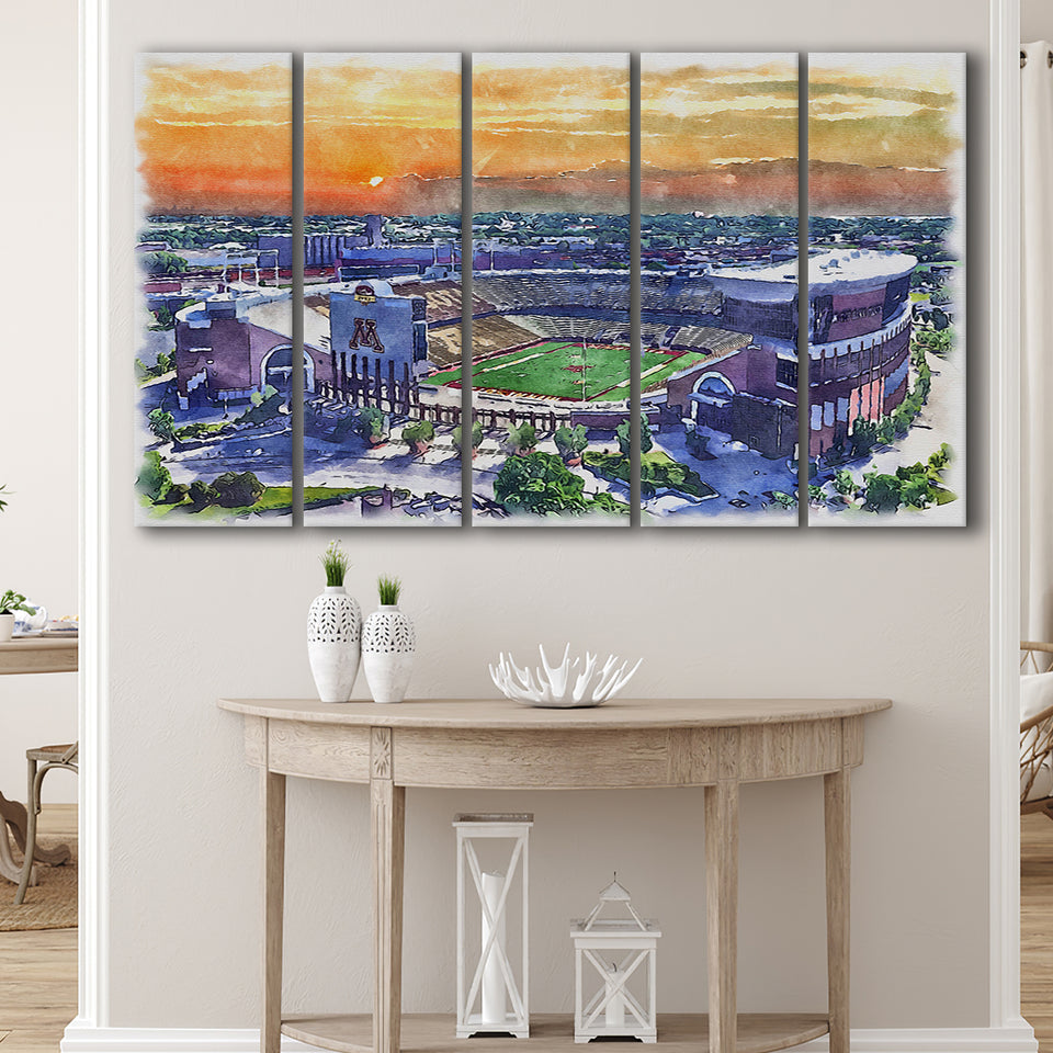 Huntington Bank Stadium Minnesota Football Stadium Watercolor, 5 Pieces B, Multi Panel Canvas Prints Wall Art Decor