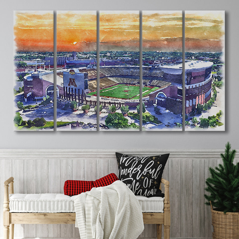 Huntington Bank Stadium Minnesota Football Stadium Watercolor, 5 Pieces B, Multi Panel Canvas Prints Wall Art Decor