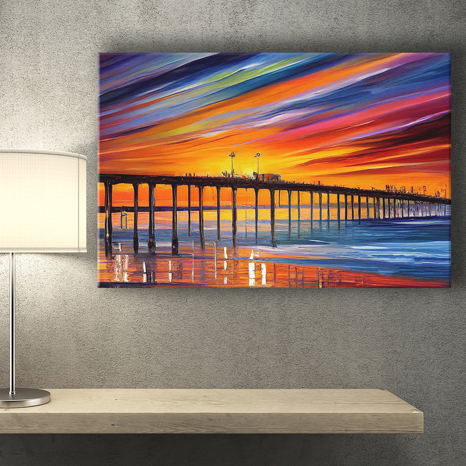 Huntington Beach Pier Skyline Huntington Beach Painting Wall Art, Sport Art Prints Fan Gift, Canvas Prints Wall Art Decor
