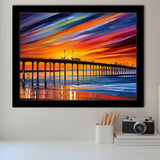 Huntington Beach Pier Skyline Huntington Beach Painting Wall Art, Sport Prints Fan Gift, Framed Art Prints Wall Art Decor