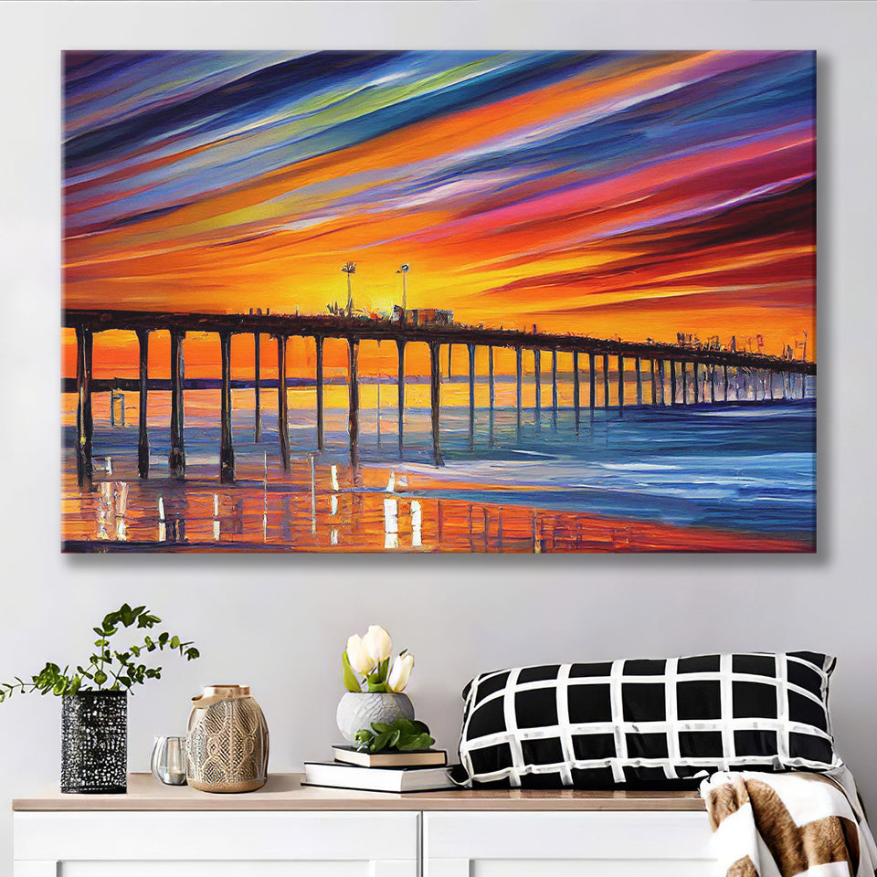 Huntington Beach Pier Skyline Huntington Beach Painting Wall Art, Sport Art Prints Fan Gift, Canvas Prints Wall Art Decor