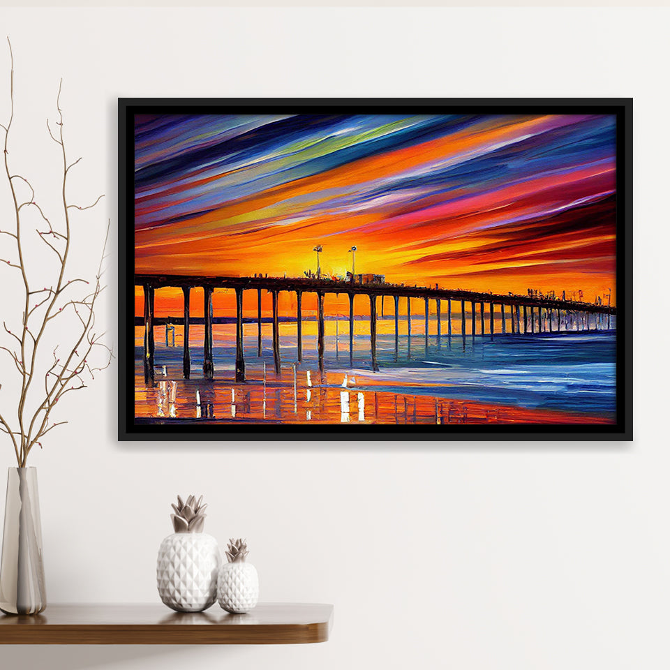 Huntington Beach Pier Skyline Huntington Beach Painting Wall Art, Sport Art Prints Fan Gift, Framed Canvas Prints Wall Art Decor