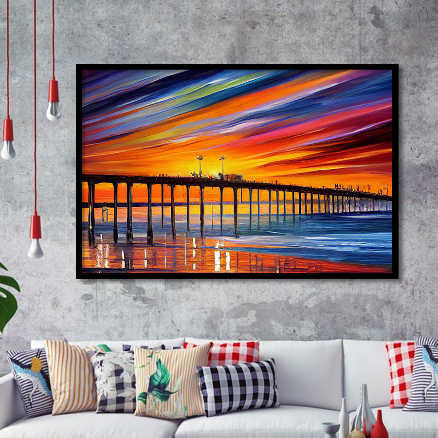 Huntington Beach Pier Skyline Huntington Beach Painting Wall Art, Sport Prints Fan Gift, Framed Art Prints Wall Art Decor