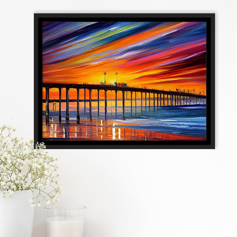 Huntington Beach Pier Skyline Huntington Beach Painting Wall Art, Sport Art Prints Fan Gift, Framed Canvas Prints Wall Art Decor