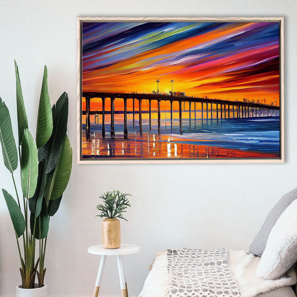 Huntington Beach Pier Skyline Huntington Beach Painting Wall Art, Sport Art Prints Fan Gift, Framed Canvas Prints Wall Art Decor